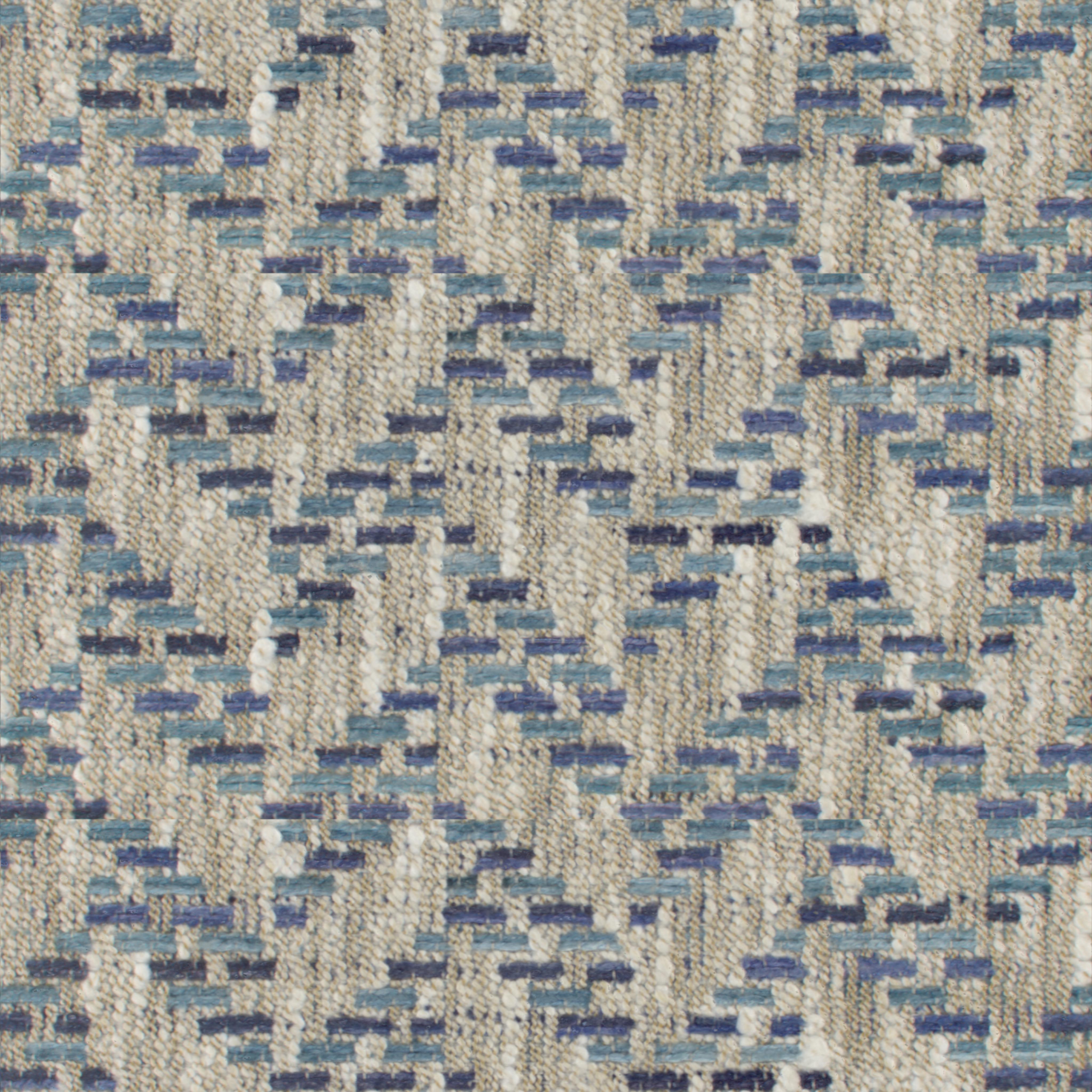 A seamless fabric texture with geometric blue jacquard units arranged in a None pattern