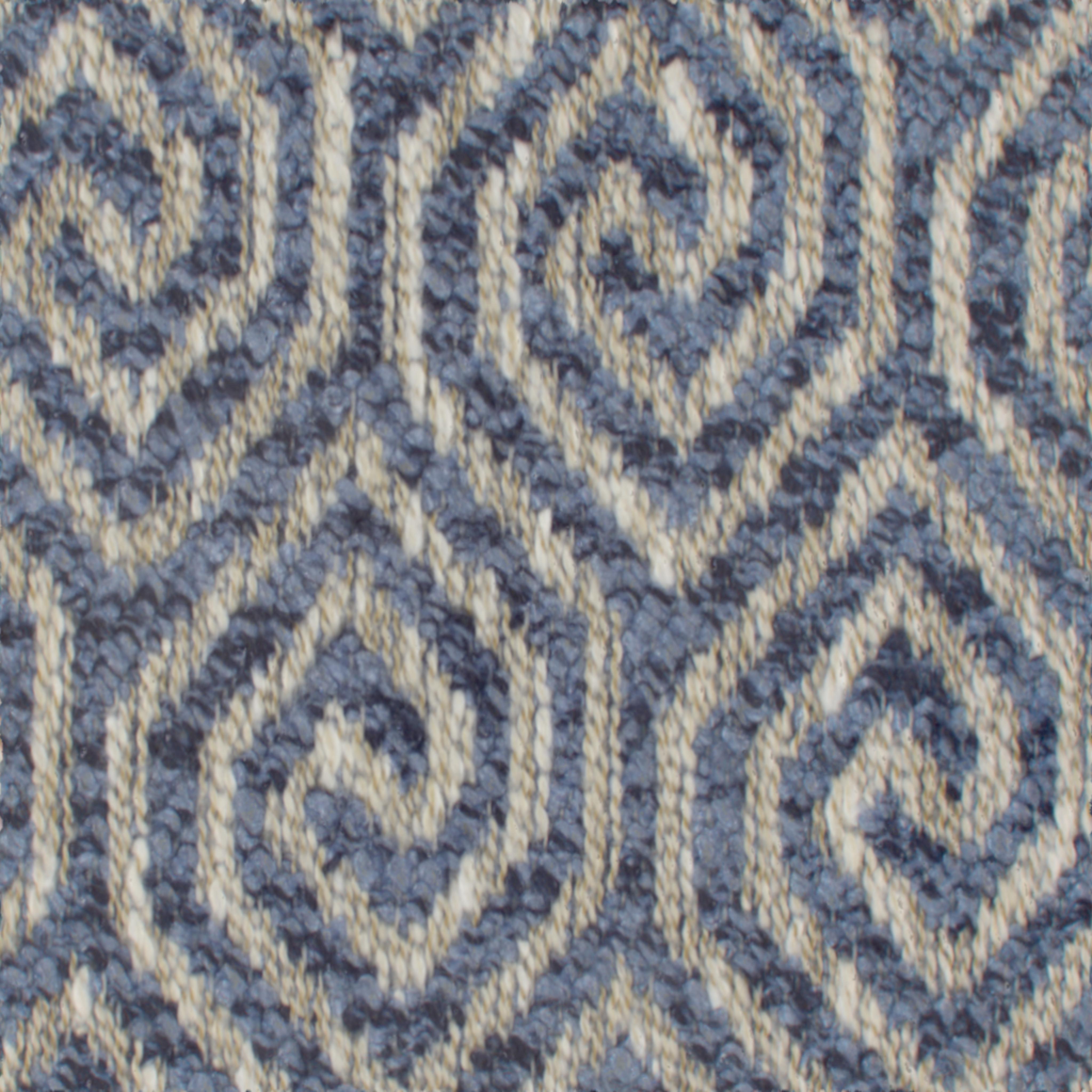 A seamless fabric texture with geometric blue jacquard units arranged in a None pattern