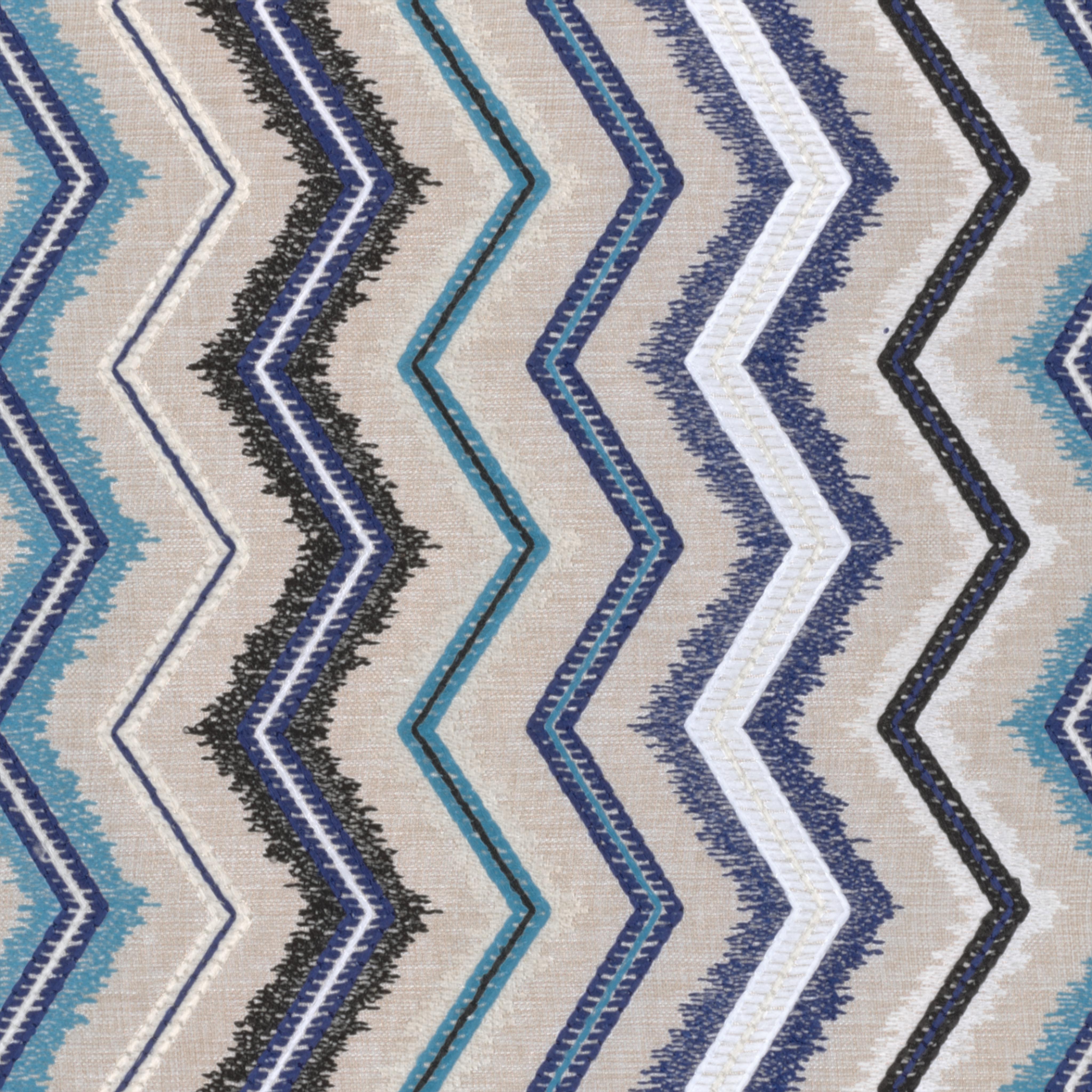 A seamless fabric texture with geometric blue embroidery units arranged in a None pattern