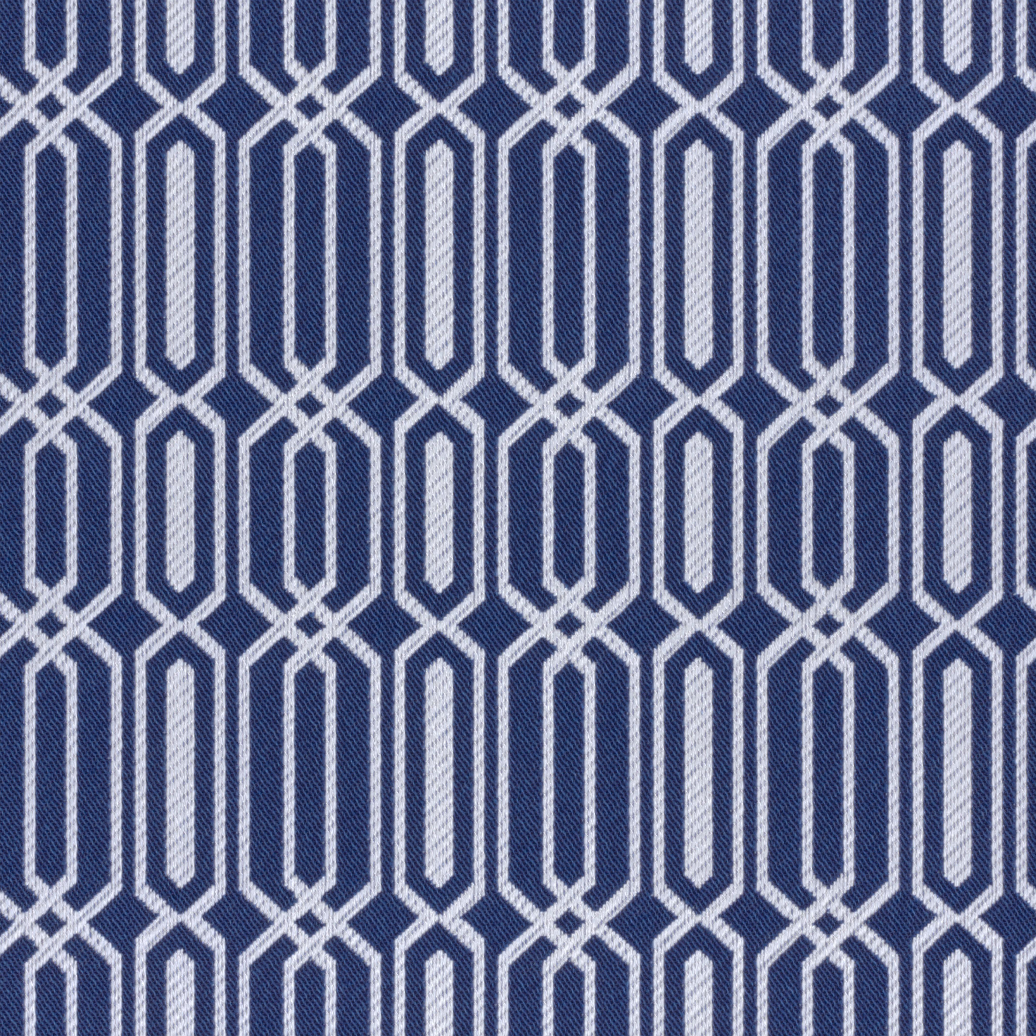 A seamless fabric texture with geometric blue jacquard units arranged in a None pattern