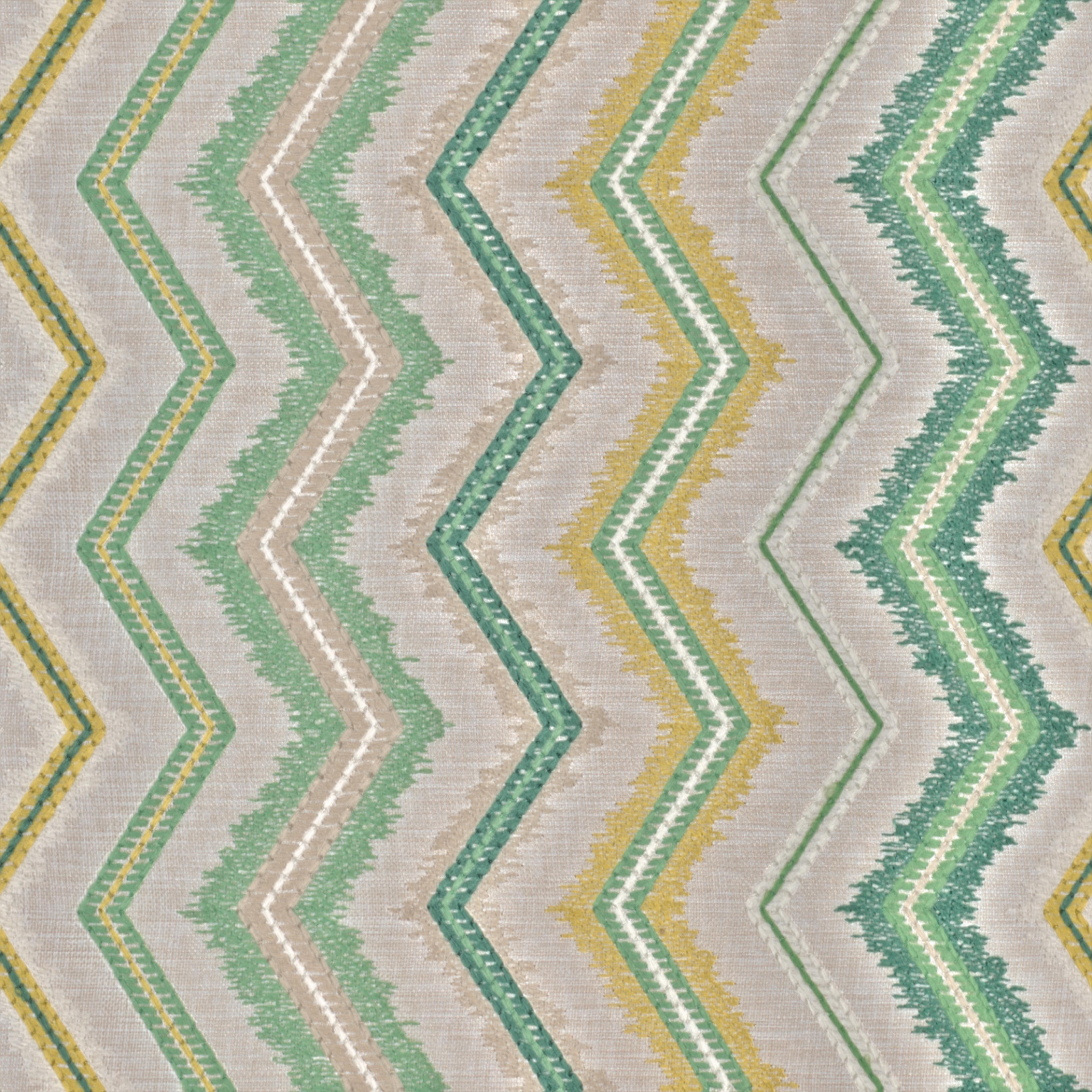 A seamless fabric texture with geometric green embroidery units arranged in a None pattern