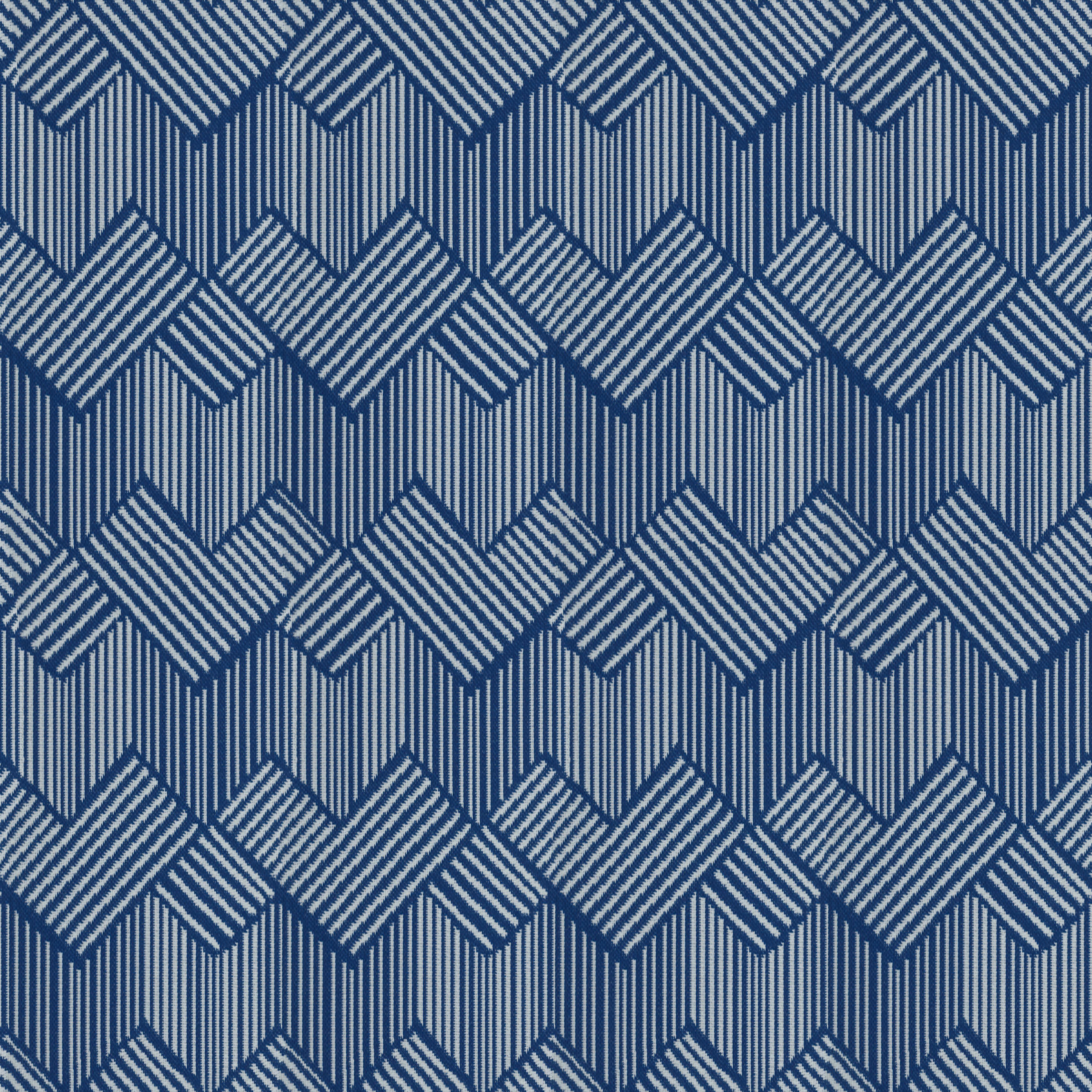 A seamless fabric texture with geometric blue jacquard units arranged in a None pattern