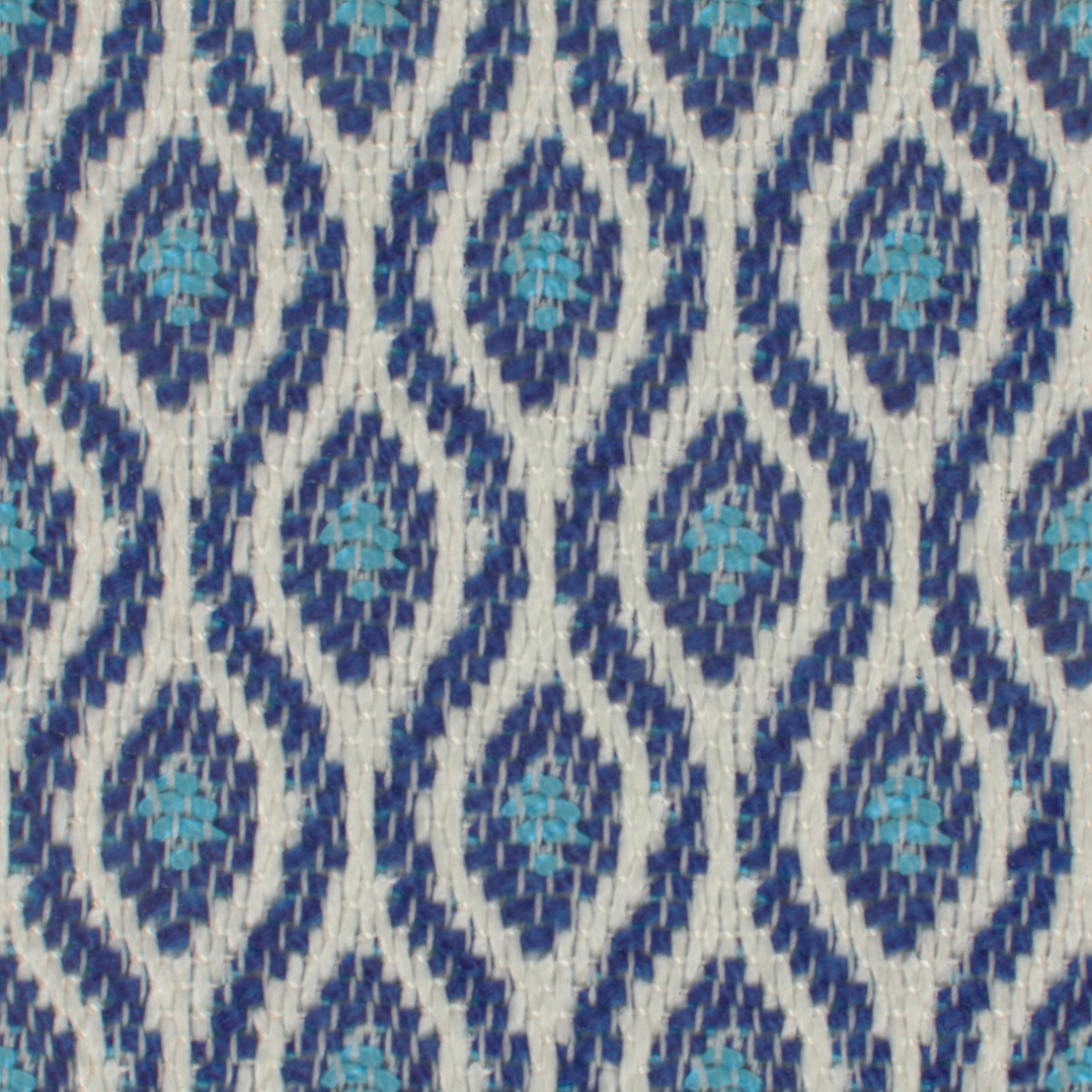 A seamless fabric texture with geometric blue jacquard units arranged in a None pattern