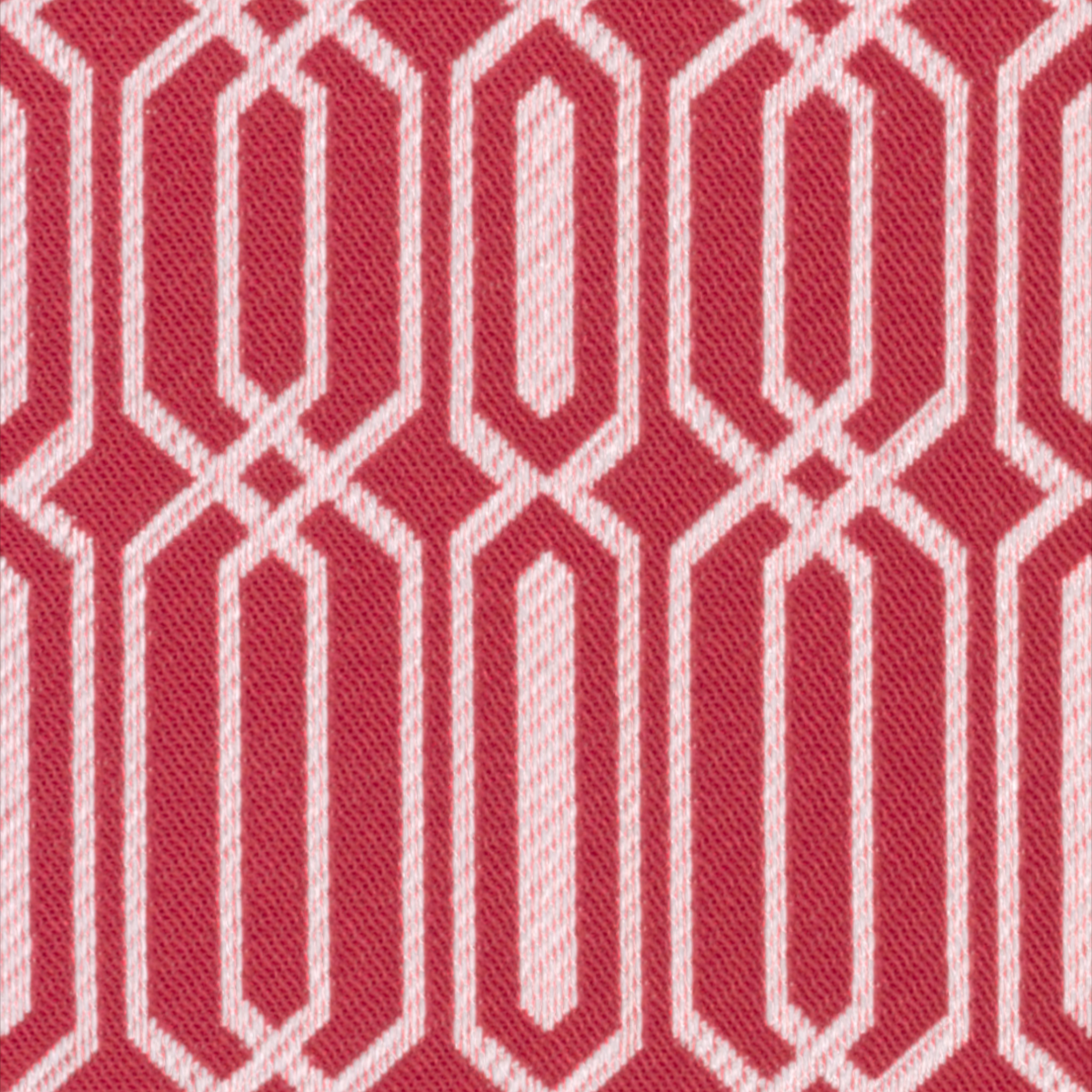 A seamless fabric texture with geometric red jacquard units arranged in a None pattern