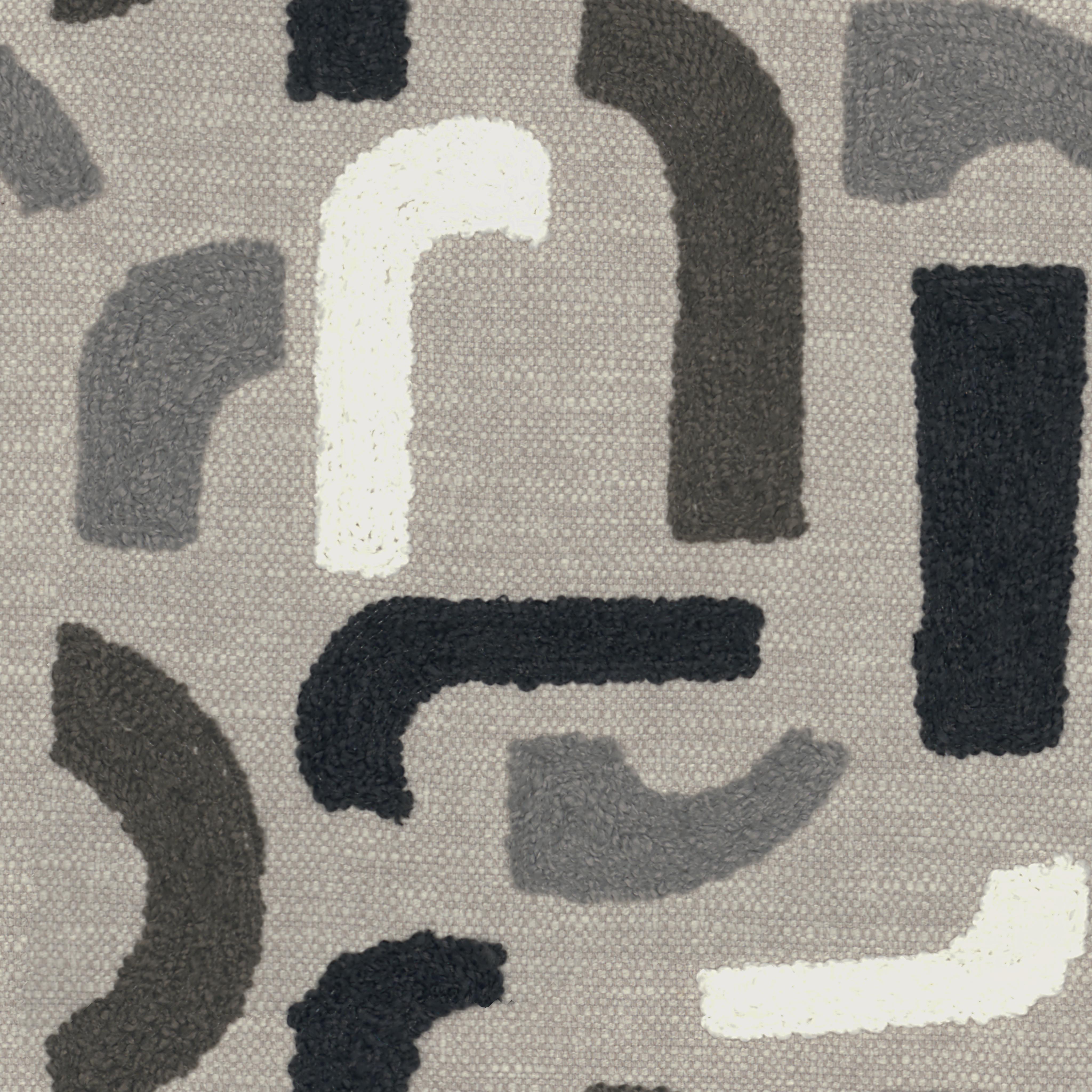 A seamless fabric texture with graphical grey embroidery units arranged in a None pattern