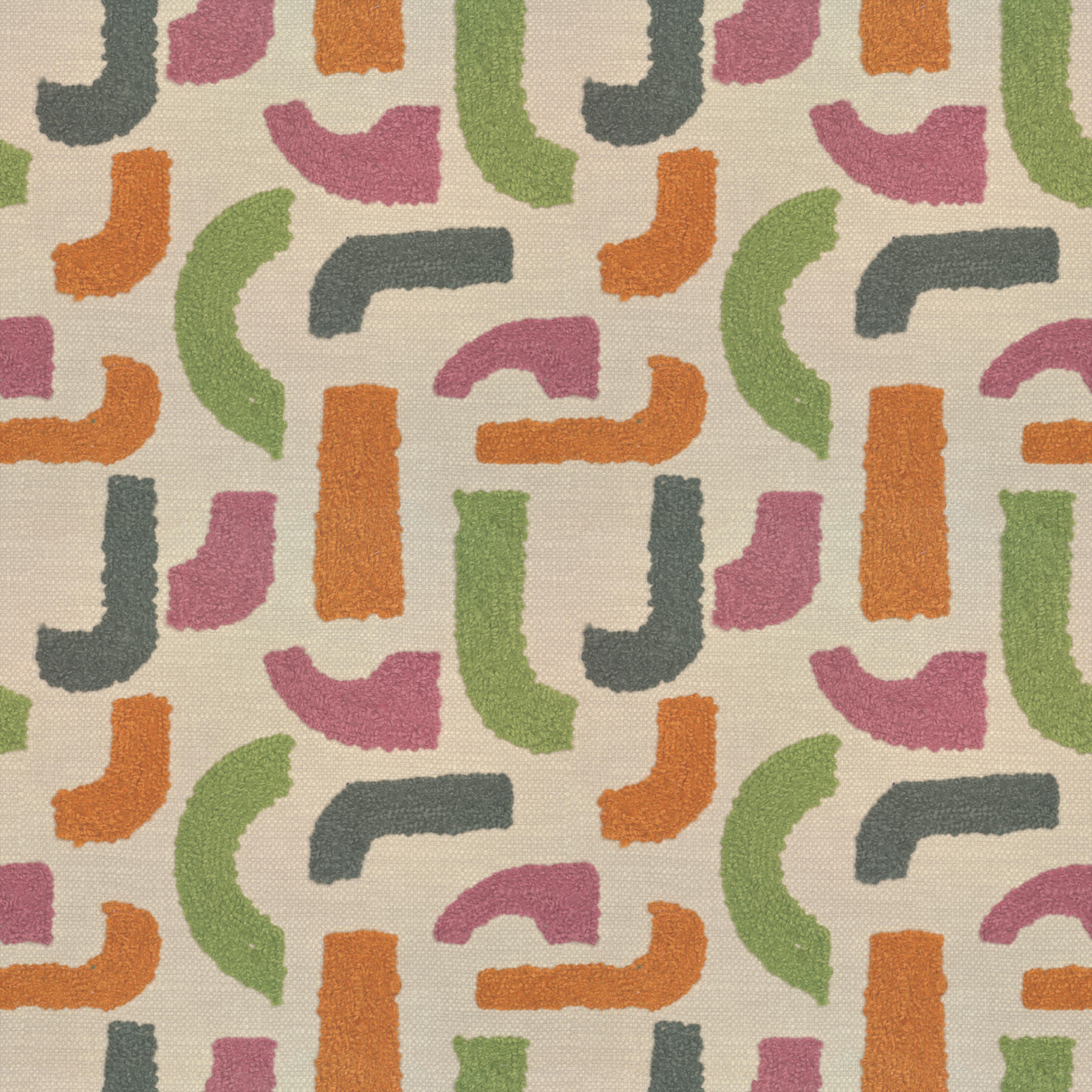 A seamless fabric texture with graphical multicoloured embroidery units arranged in a None pattern