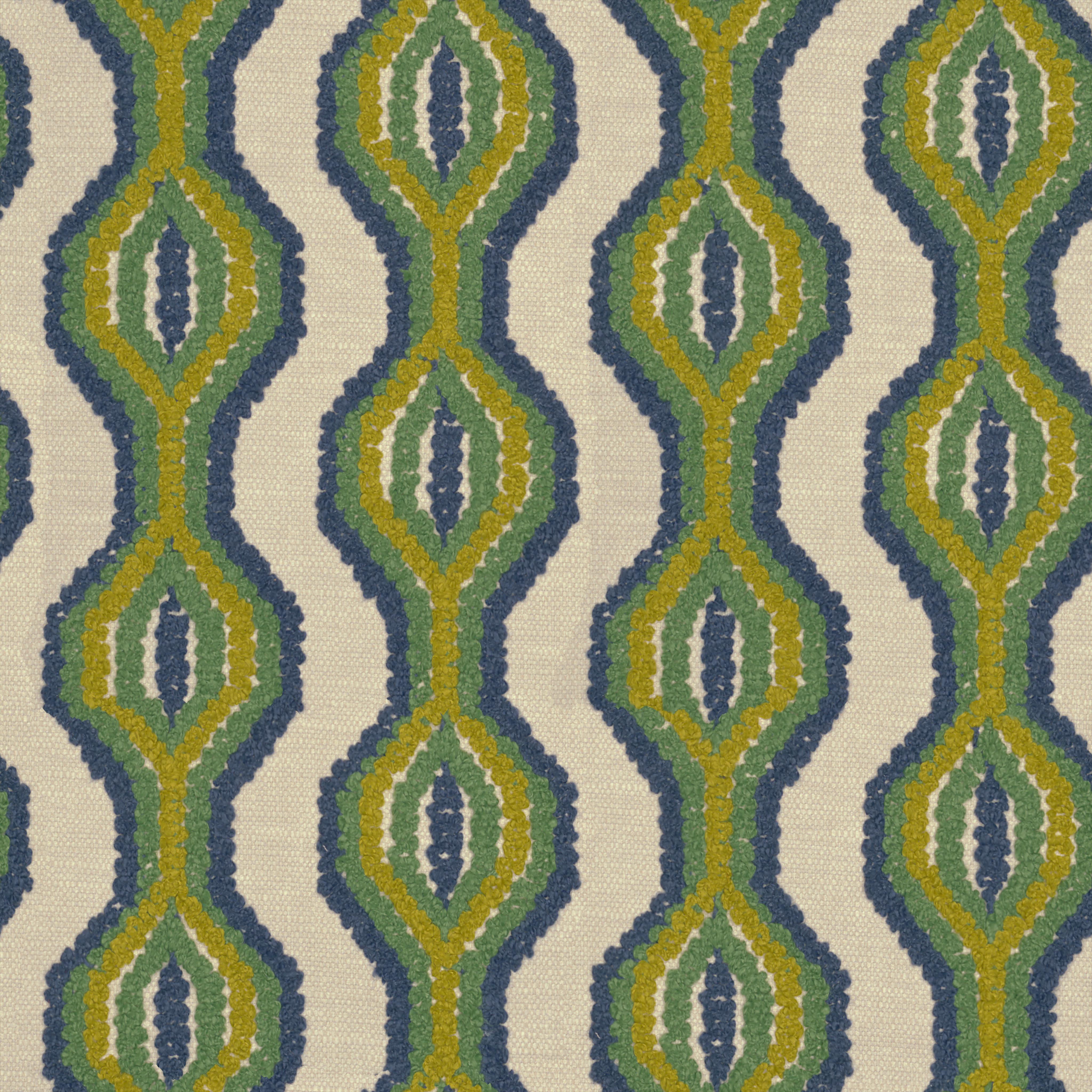 A seamless fabric texture with graphical green embroidery units arranged in a None pattern