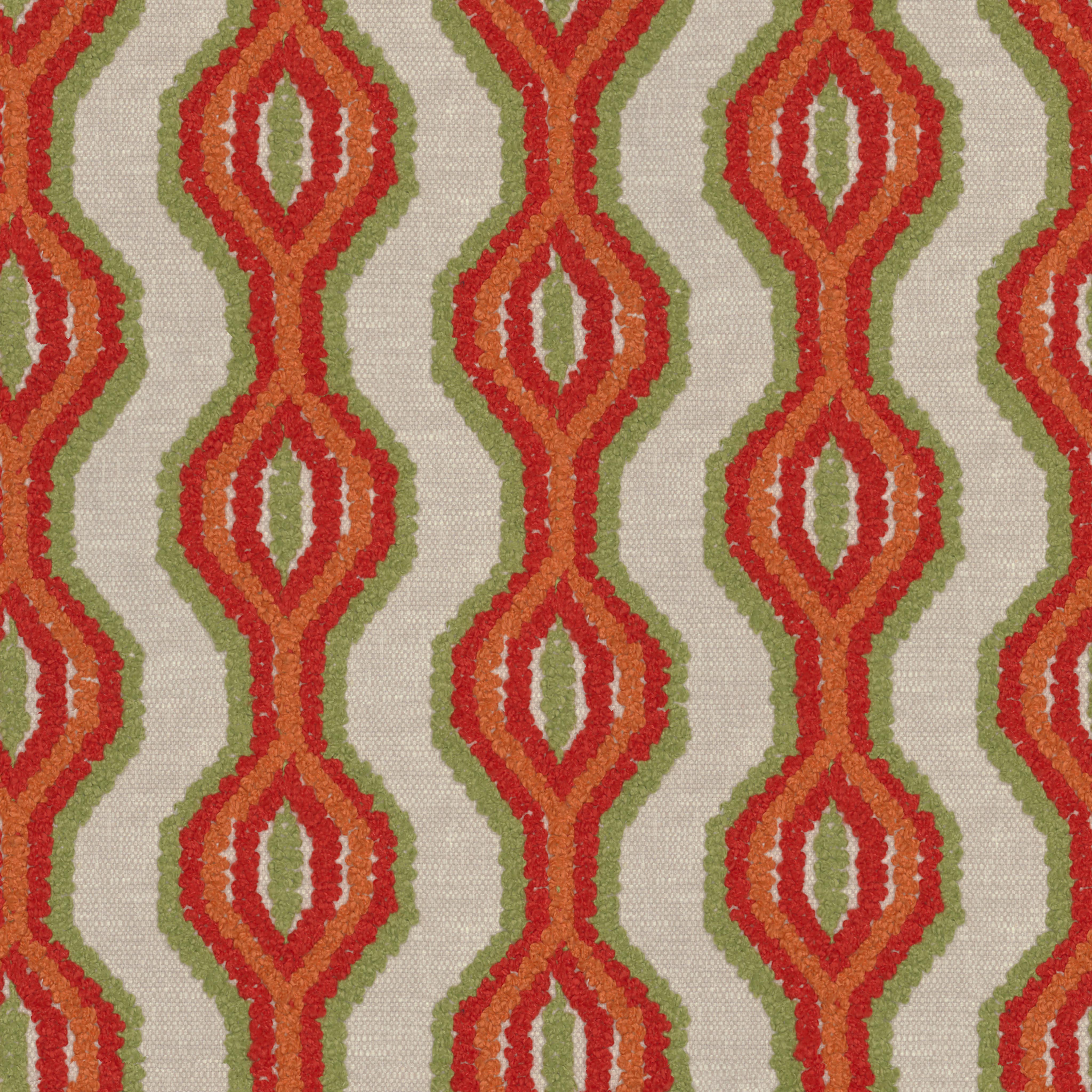 A seamless fabric texture with graphical red embroidery units arranged in a None pattern