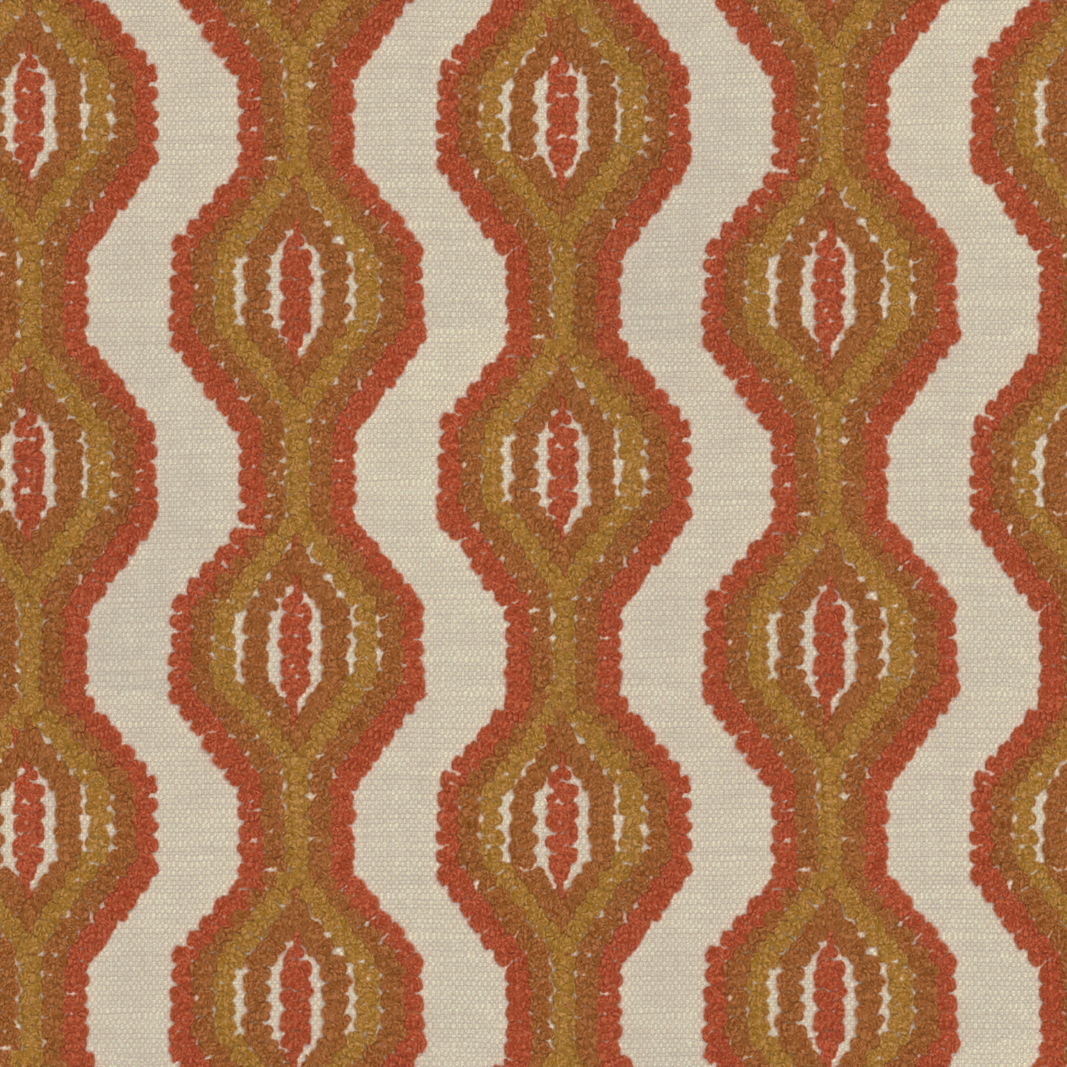A seamless fabric texture with graphical orange embroidery units arranged in a None pattern