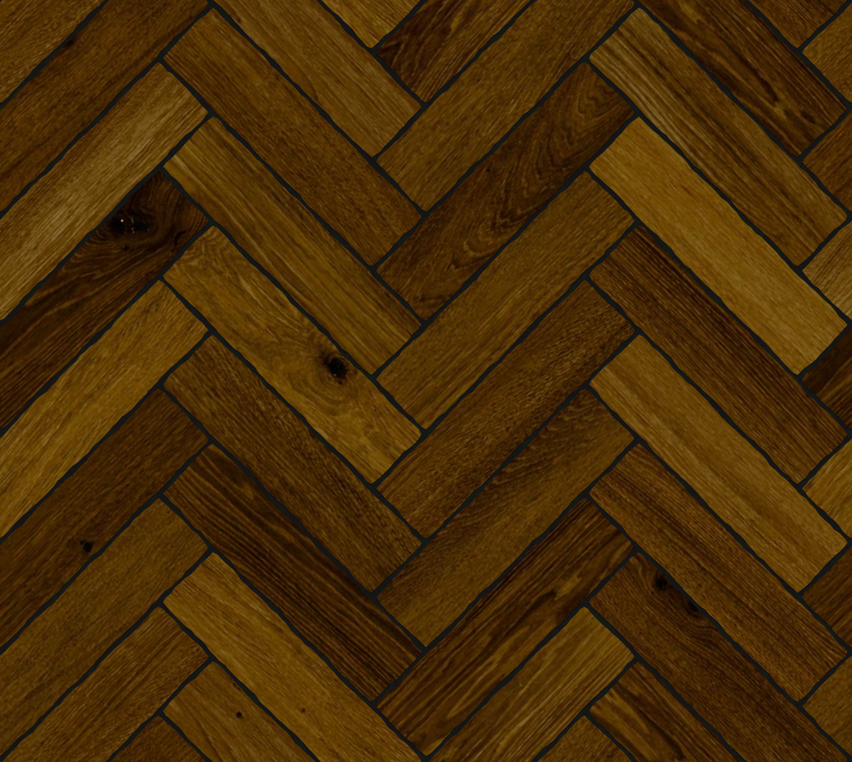 A seamless wood texture with dark stained timber boards arranged in a Herringbone pattern