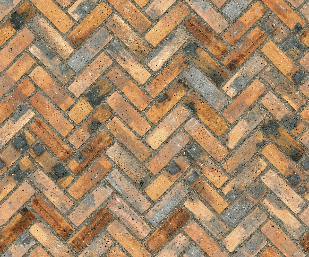 A seamless brick texture with industrial brick units arranged in a Herringbone pattern