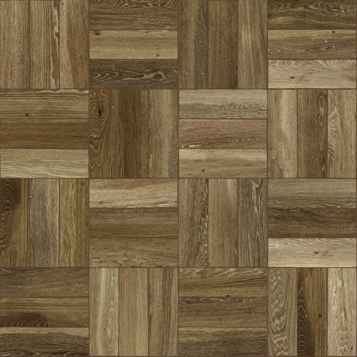 A seamless wood texture with stained timber boards arranged in a Basketweave pattern