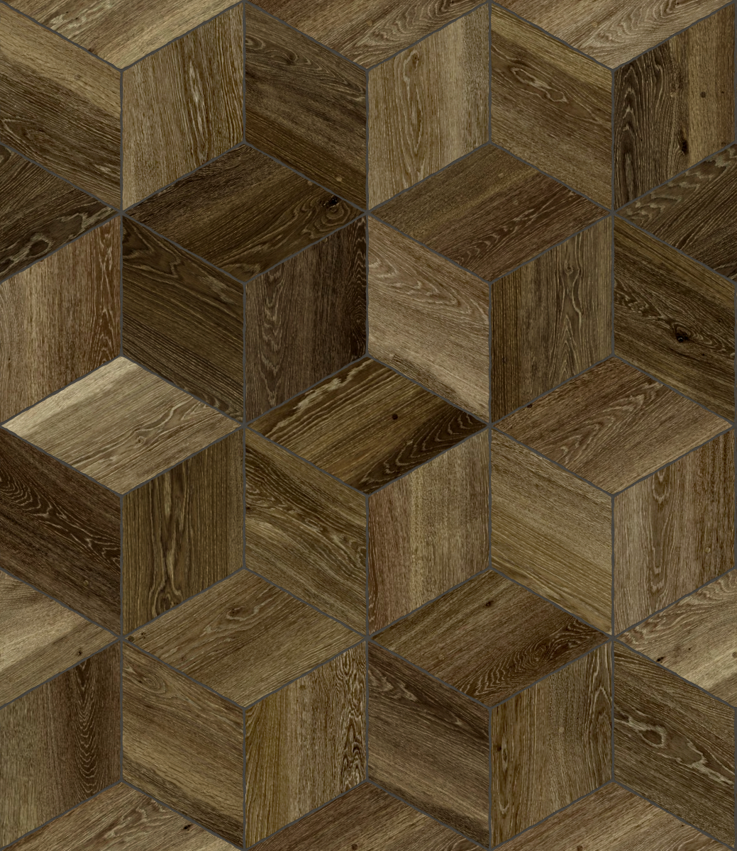 A seamless wood texture with stained timber boards arranged in a Cubic pattern