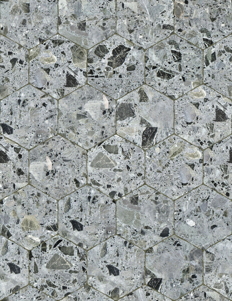 A seamless concrete texture with meadow terrazzo blocks arranged in a Hexagonal pattern