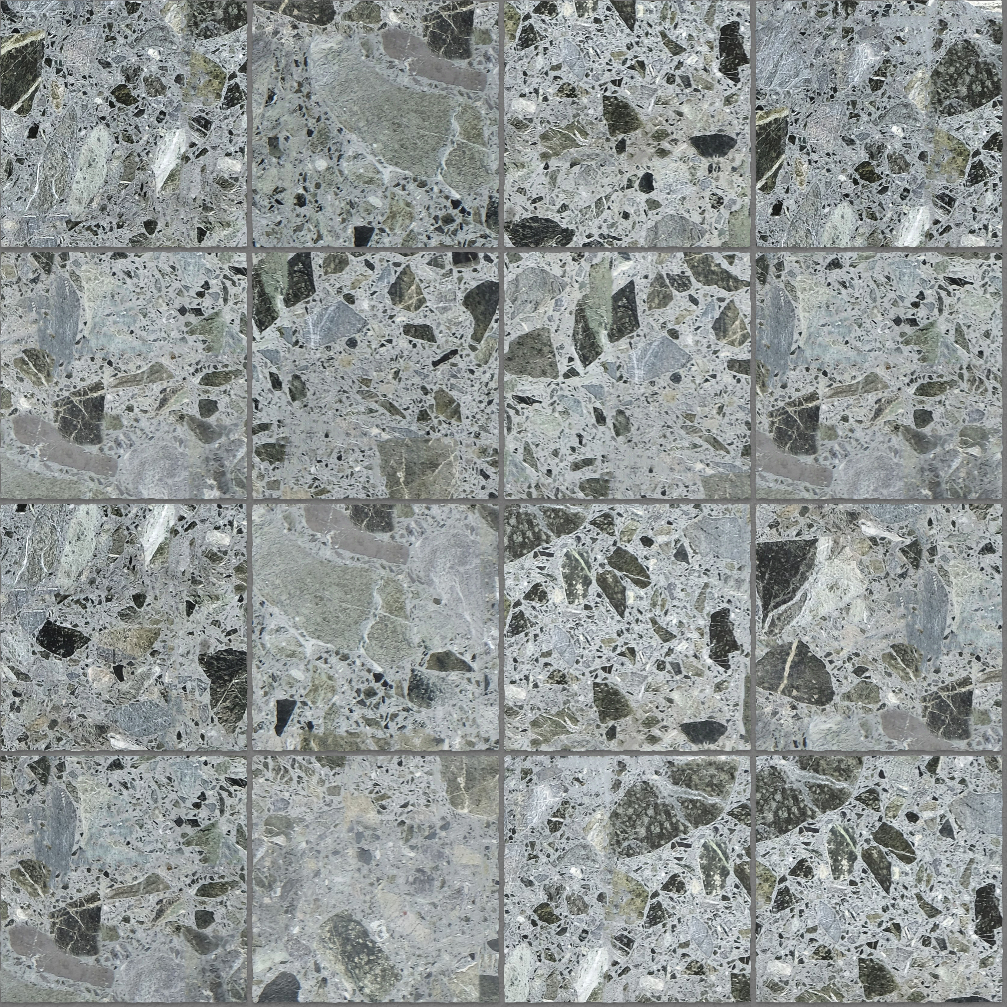 A seamless concrete texture with meadow terrazzo blocks arranged in a Stack pattern
