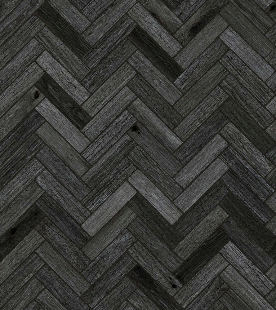 A seamless wood texture with charred timber boards arranged in a Herringbone pattern