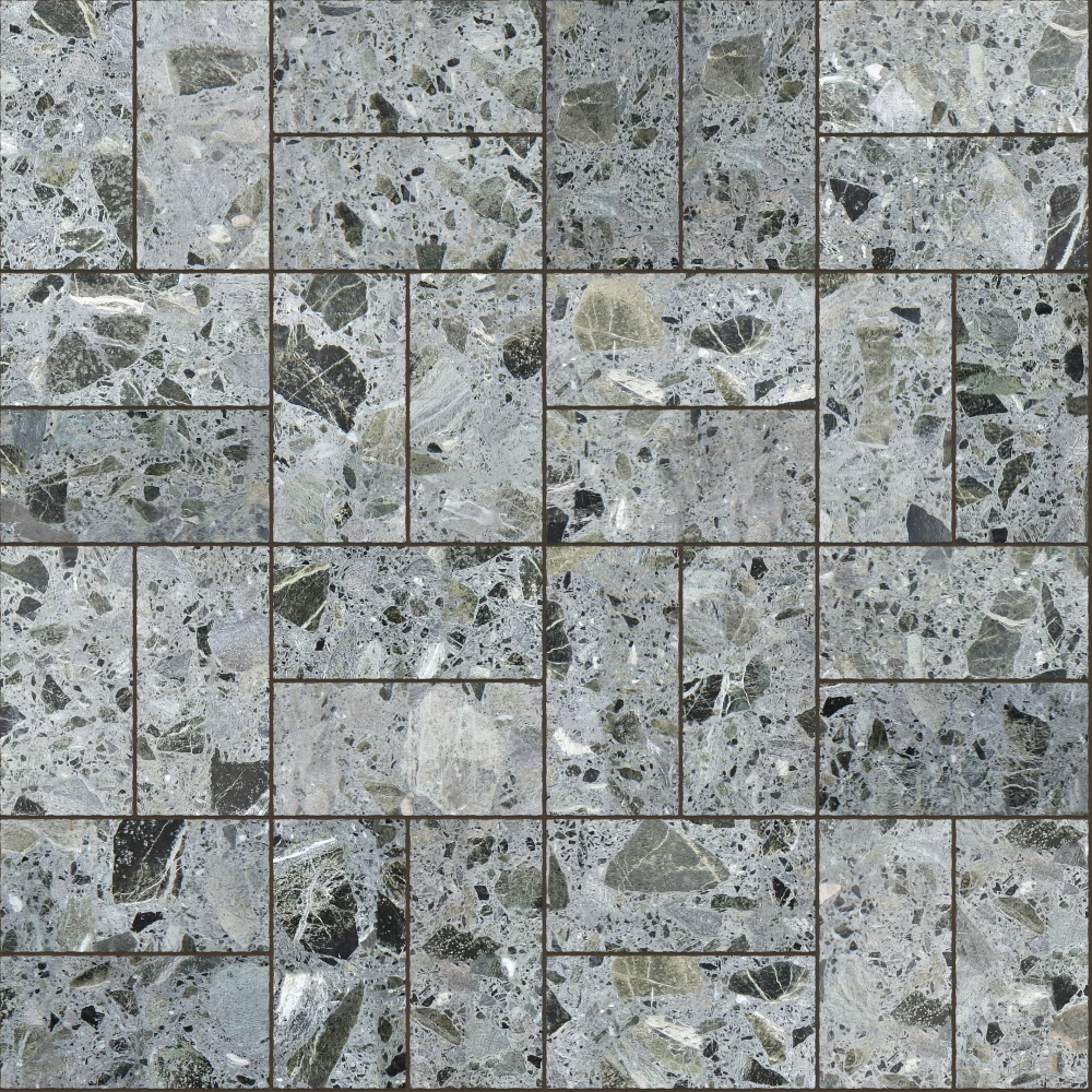 A seamless concrete texture with meadow terrazzo blocks arranged in a Basketweave pattern
