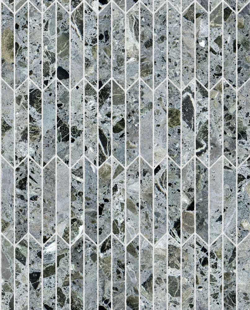 A seamless concrete texture with meadow terrazzo blocks arranged in a Chevron pattern