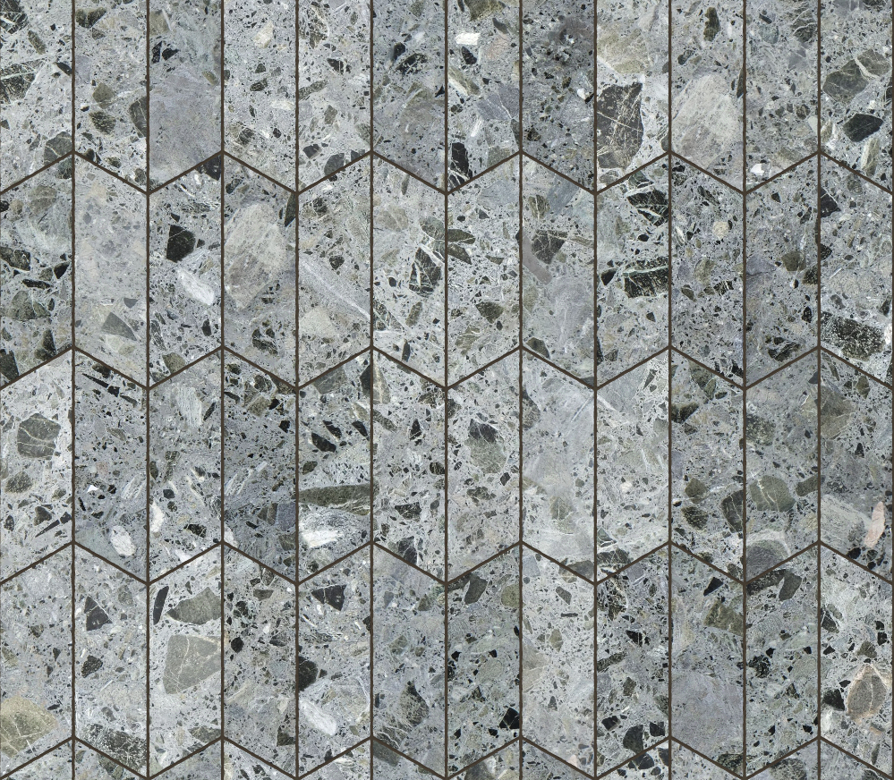 A seamless concrete texture with meadow terrazzo blocks arranged in a Chevron pattern