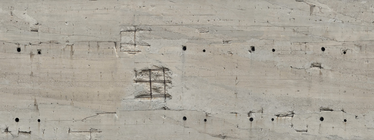A seamless damaged concrete showing rebar texture for use in architectural drawings and 3D models