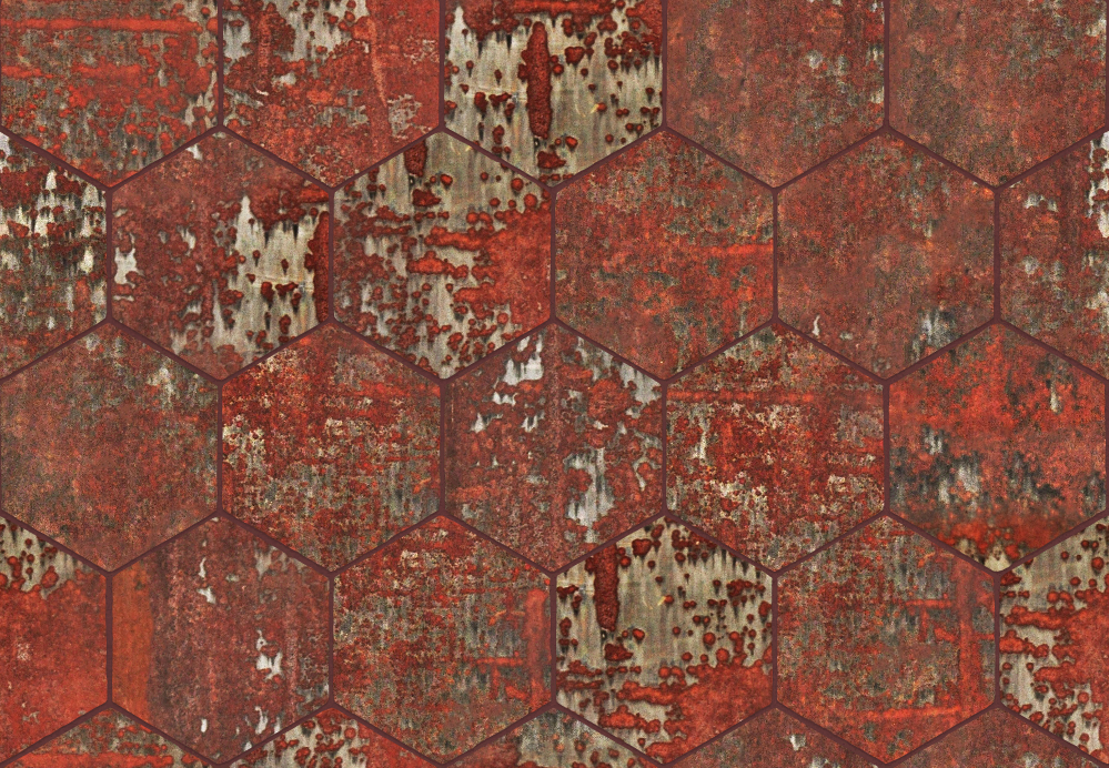 A seamless metal texture with corten steel c sheets arranged in a Hexagonal pattern