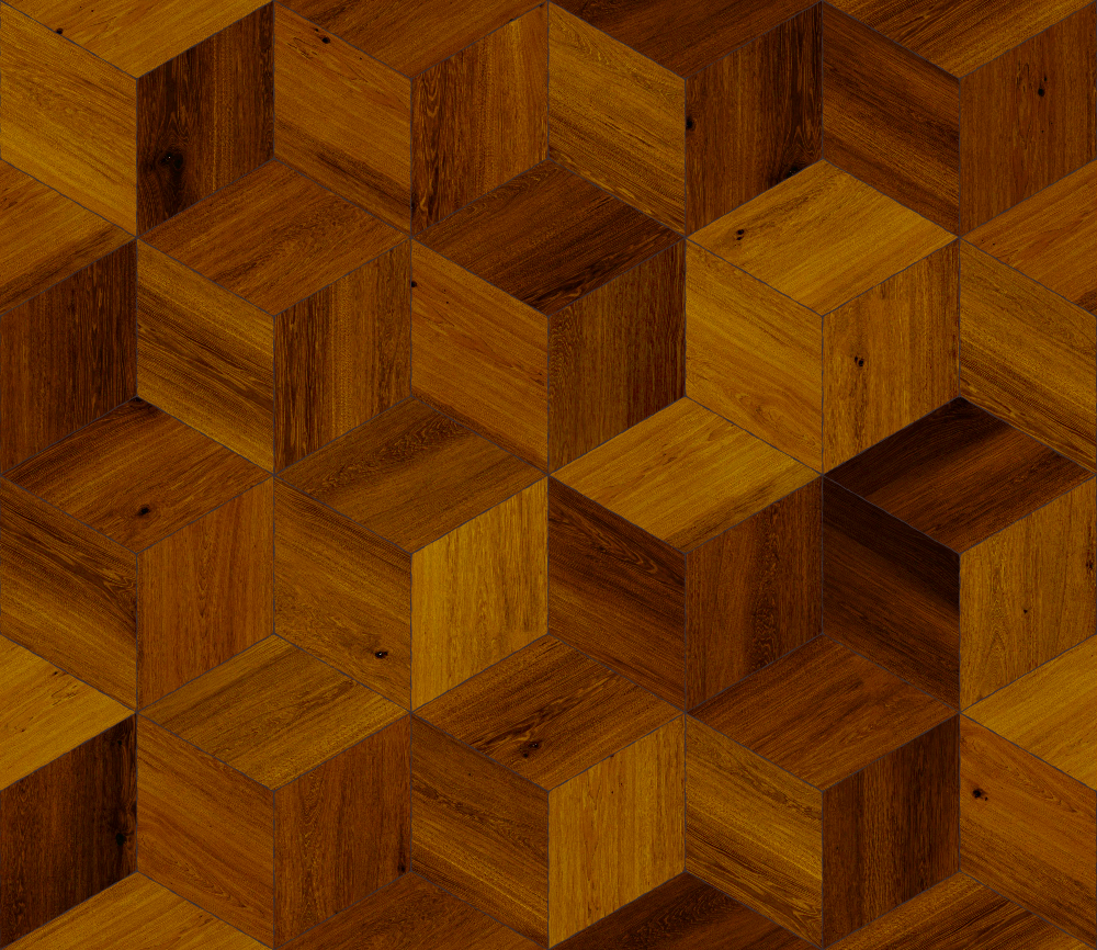 A seamless wood texture with dark stained timber boards arranged in a Cubic pattern