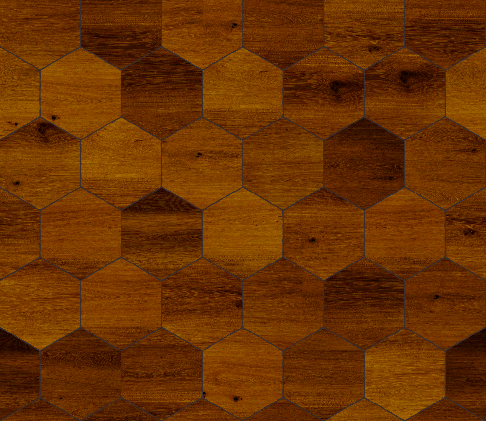 A seamless wood texture with dark stained timber boards arranged in a Hexagonal pattern