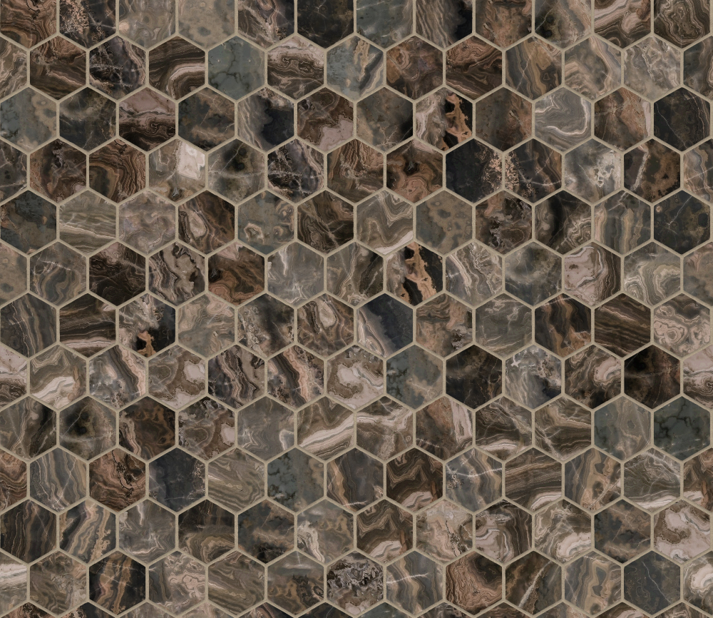 A seamless stone texture with orange marble blocks arranged in a Hexagonal pattern