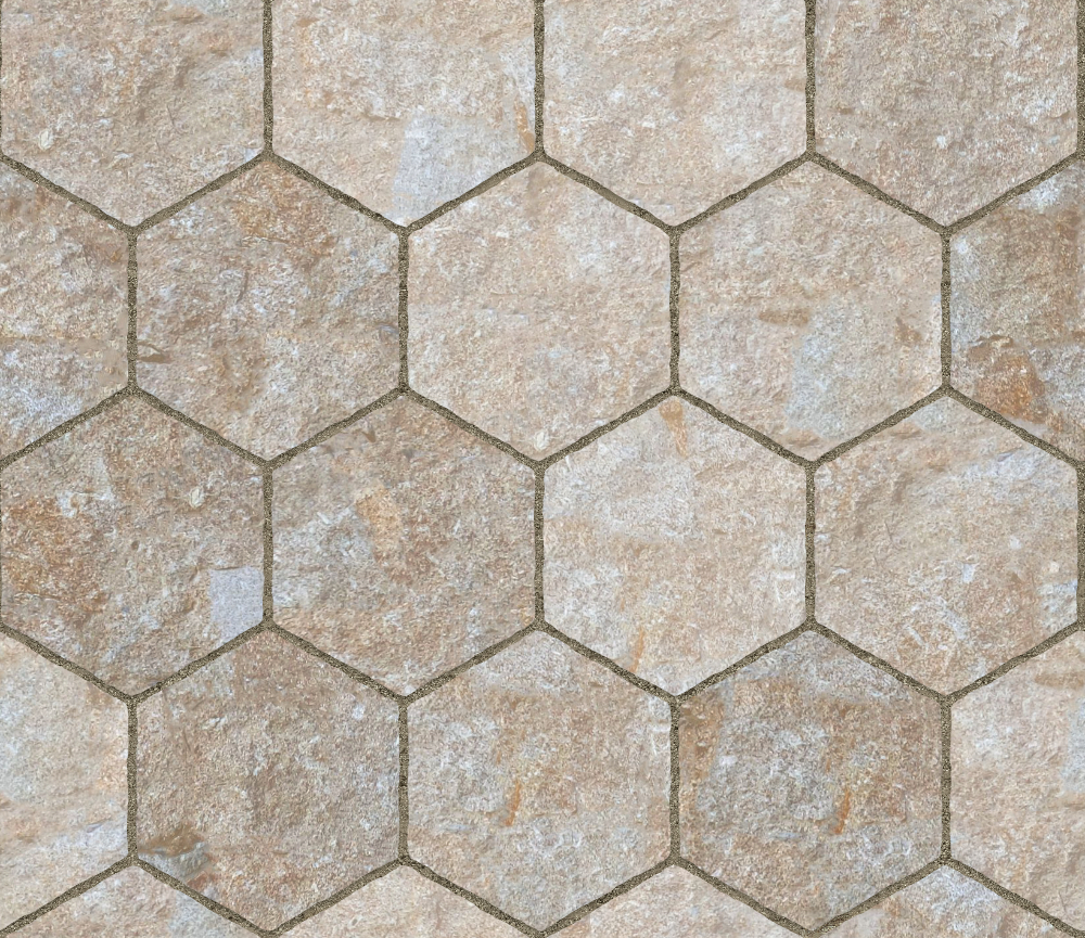 A seamless stone texture with rough limestone blocks arranged in a Hexagonal pattern