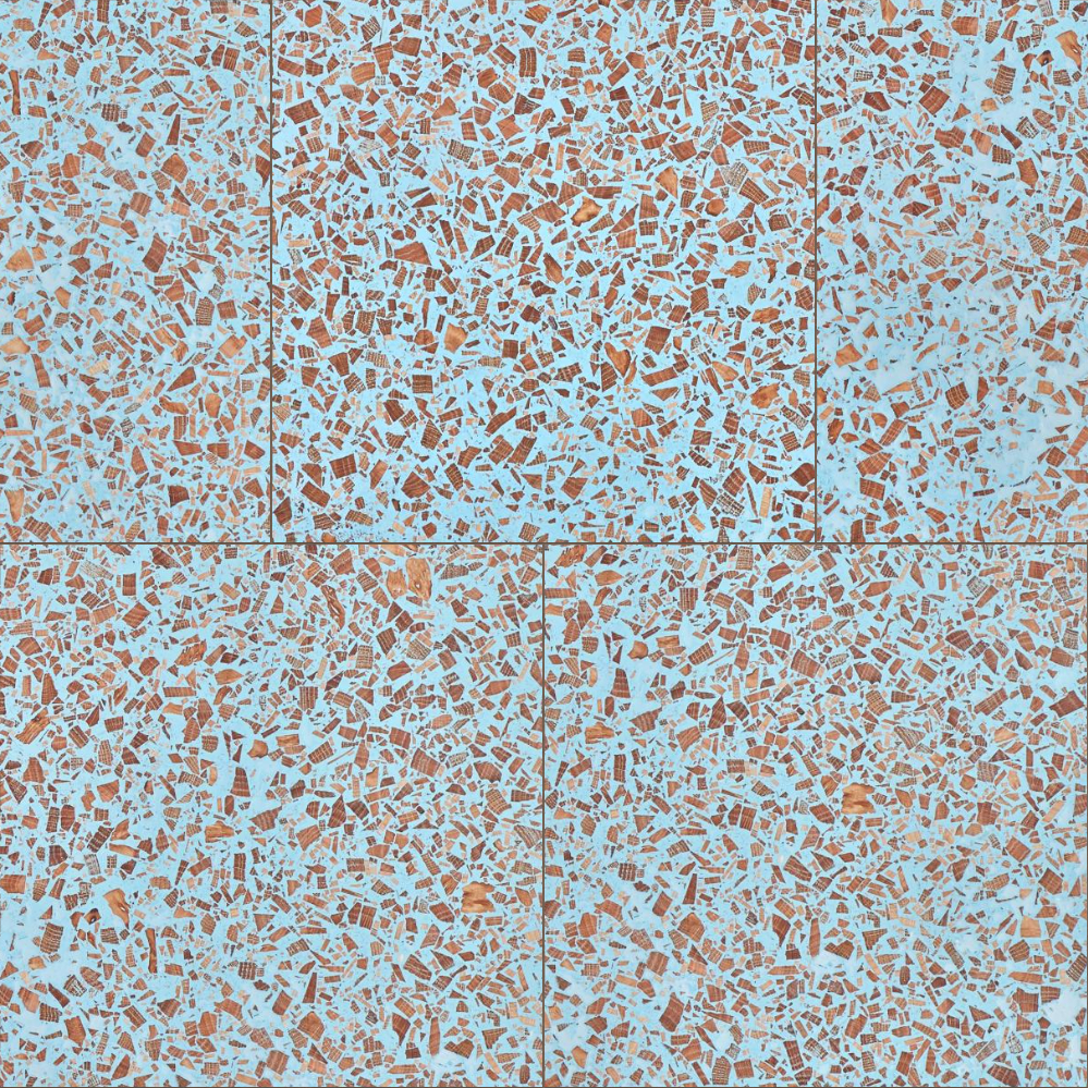A seamless terrazzo texture with azure mono units arranged in a Stretcher pattern