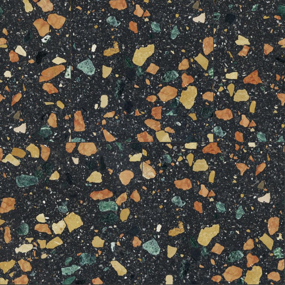 A seamless terrazzo texture with marmoreal units arranged in a Stretcher pattern