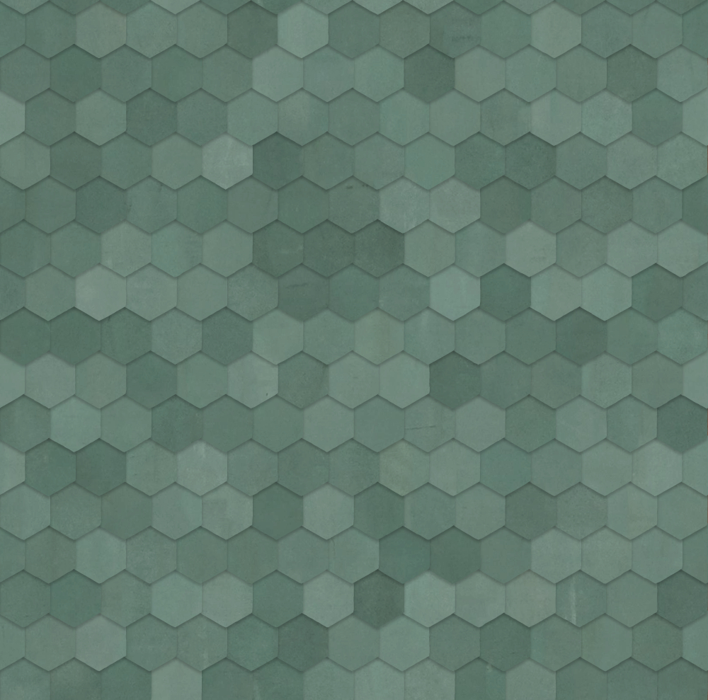 A seamless metal texture with patinated copper sheets arranged in a Hexagonal pattern