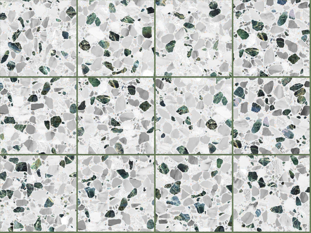 A seamless terrazzo texture with inverna terrazzo units arranged in a Stack pattern