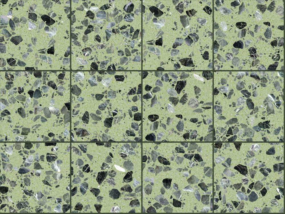 A seamless terrazzo texture with miskas terrazzo units arranged in a Stack pattern