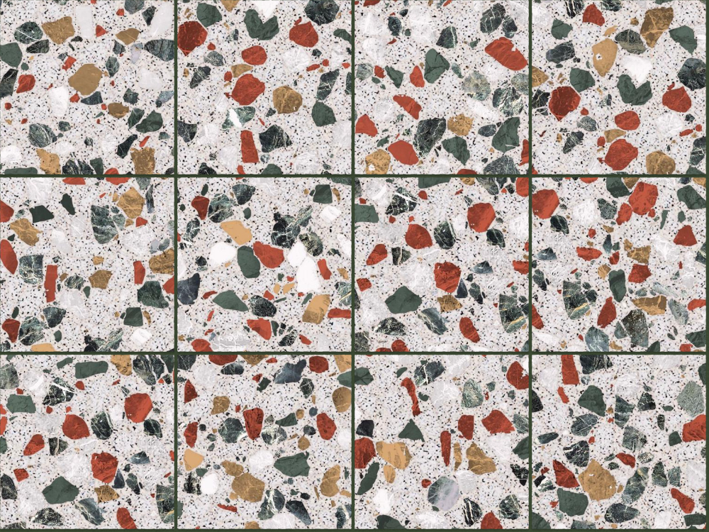 A seamless terrazzo texture with montanita terrazzo units arranged in a Stack pattern
