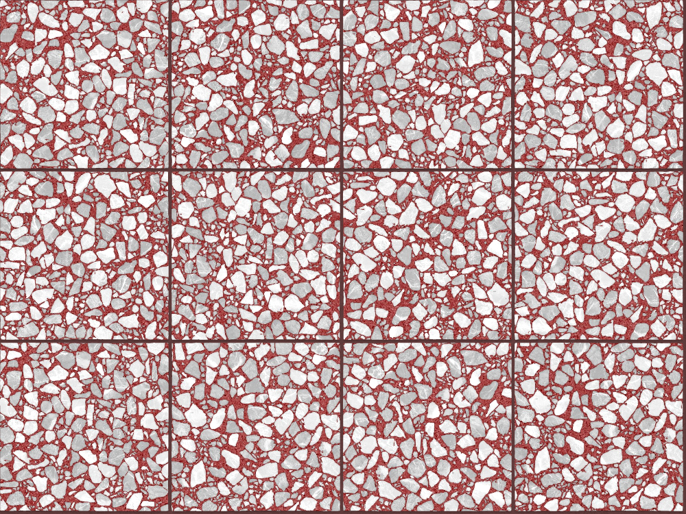 A seamless terrazzo texture with ruby terrazzo units arranged in a Stack pattern