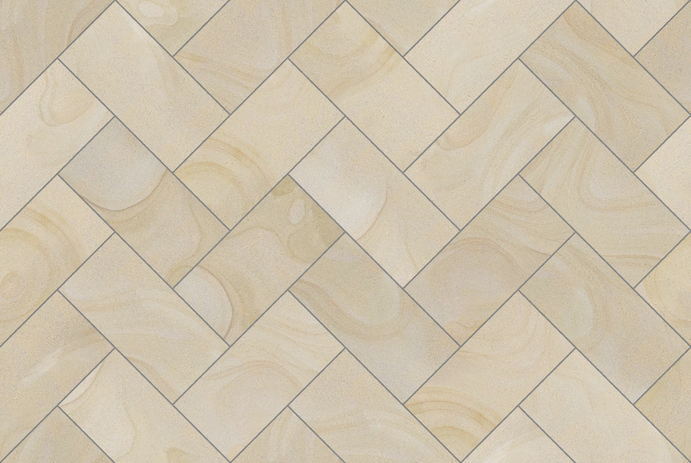 A seamless stone texture with blonde sandstone blocks arranged in a Herringbone pattern