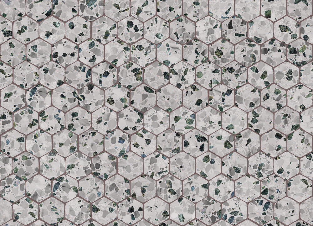 A seamless terrazzo texture with inverna terrazzo units arranged in a Hexagonal pattern