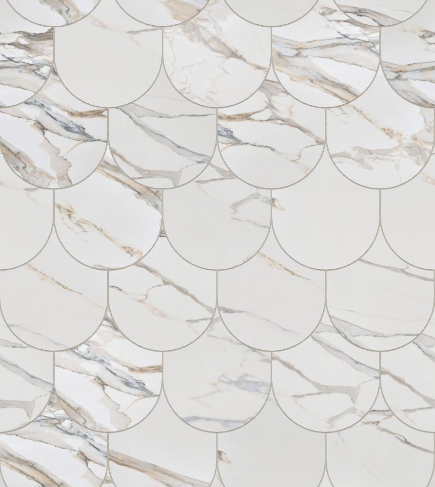 A seamless stone texture with calacatta gold blocks arranged in a Fishscale pattern
