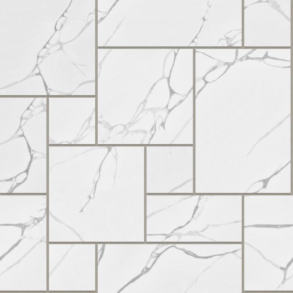 A seamless stone texture with calacatta vena blocks arranged in a French pattern
