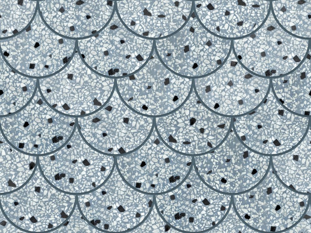 A seamless terrazzo texture with terrazzo artico units arranged in a Fishscale pattern