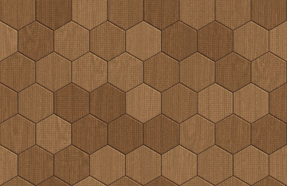 A seamless wood texture with microperforated acoustic veneer boards arranged in a Hexagonal pattern