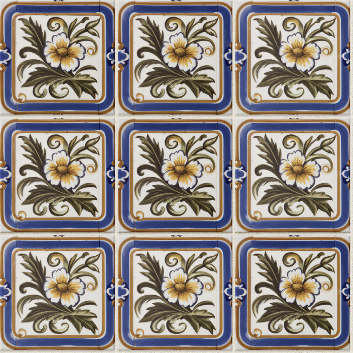 A seamless tile texture with victorian floral tile tiles arranged in a Stack pattern