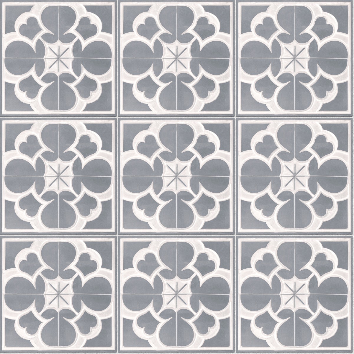 A seamless tile texture with  grey victorian tile tiles arranged in a Stack pattern