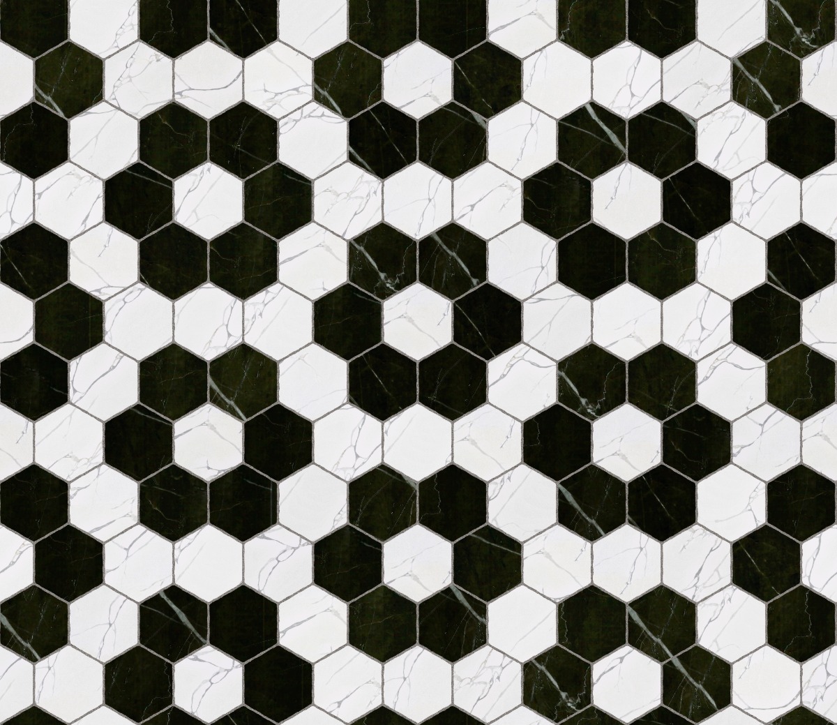 A seamless stone texture with calacatta vena blocks arranged in a Hexagonal pattern