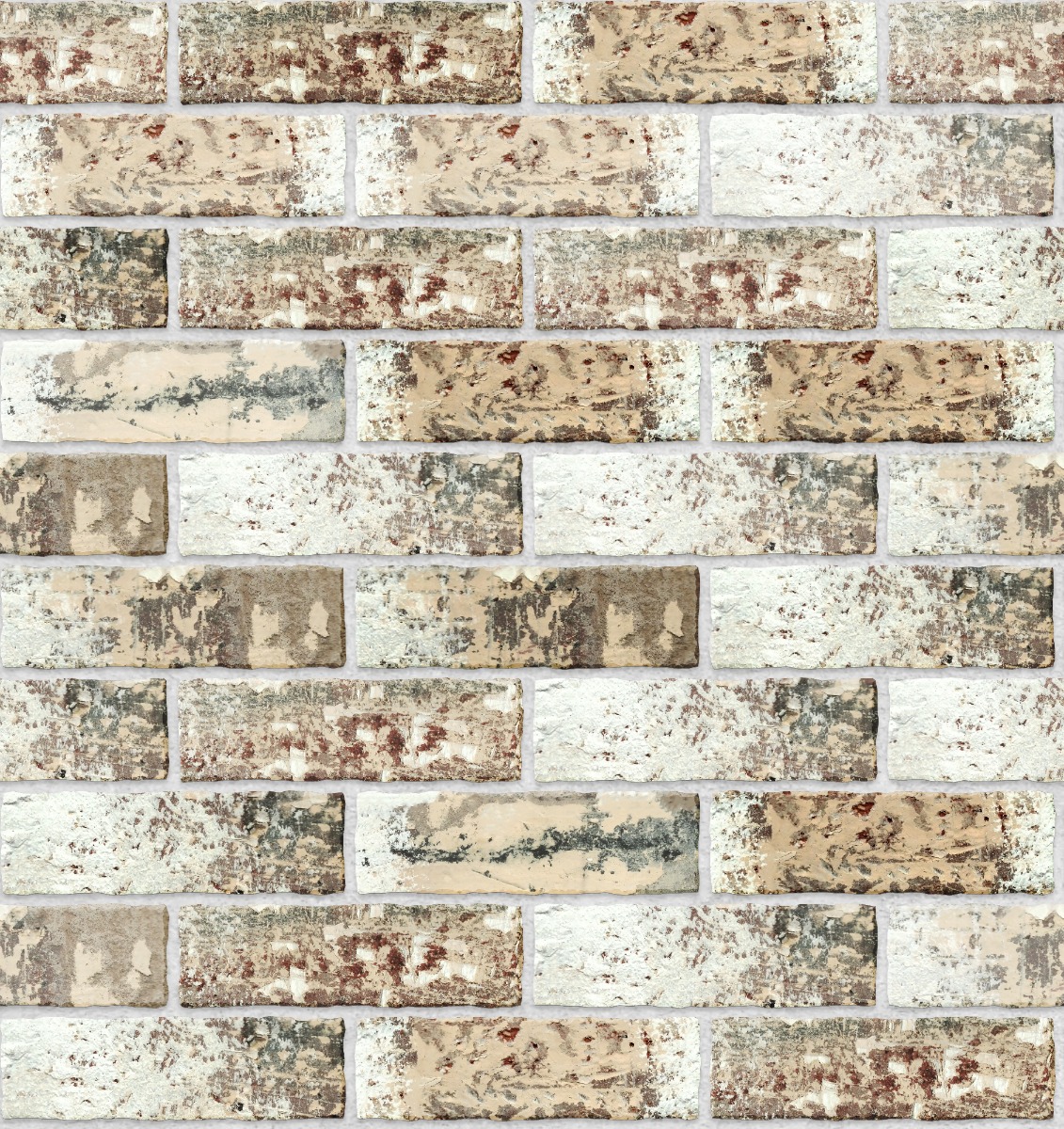 A seamless brick texture with distressed brick units arranged in a Stretcher pattern