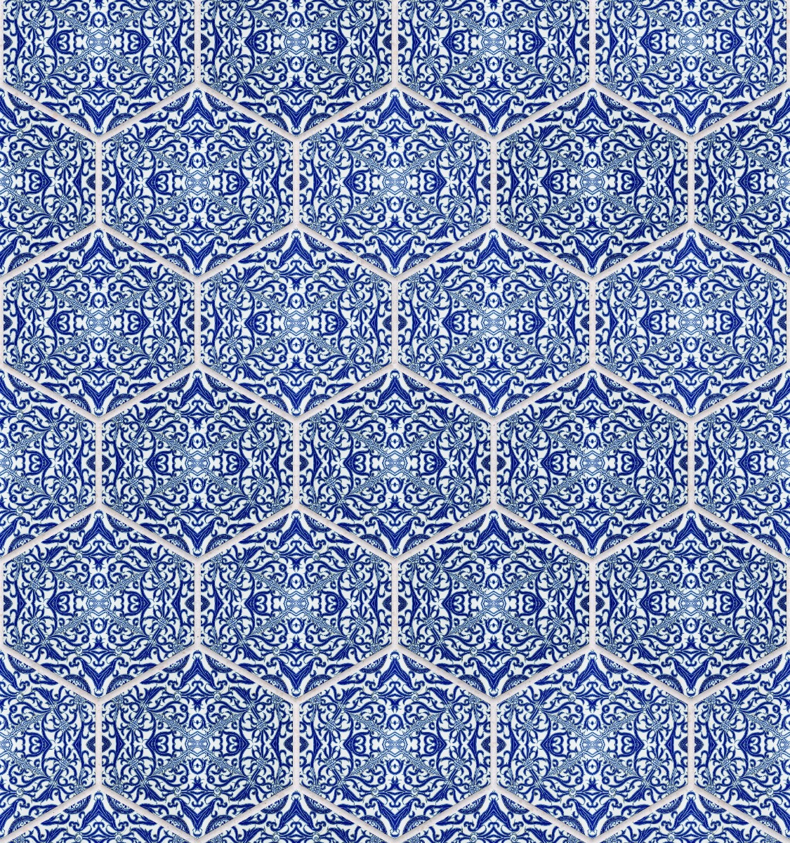 A seamless tile texture with ornate tile tiles arranged in a Variable Hexagon pattern