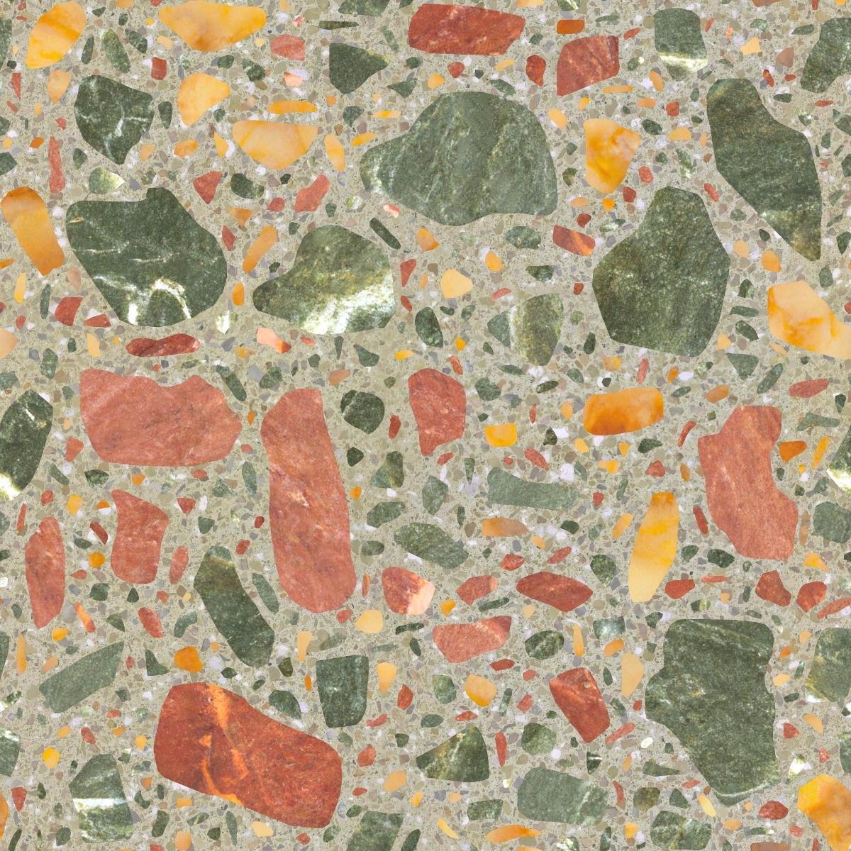 A seamless stone texture with rosso verona marble blocks arranged in a Varied Size Terrazzo pattern