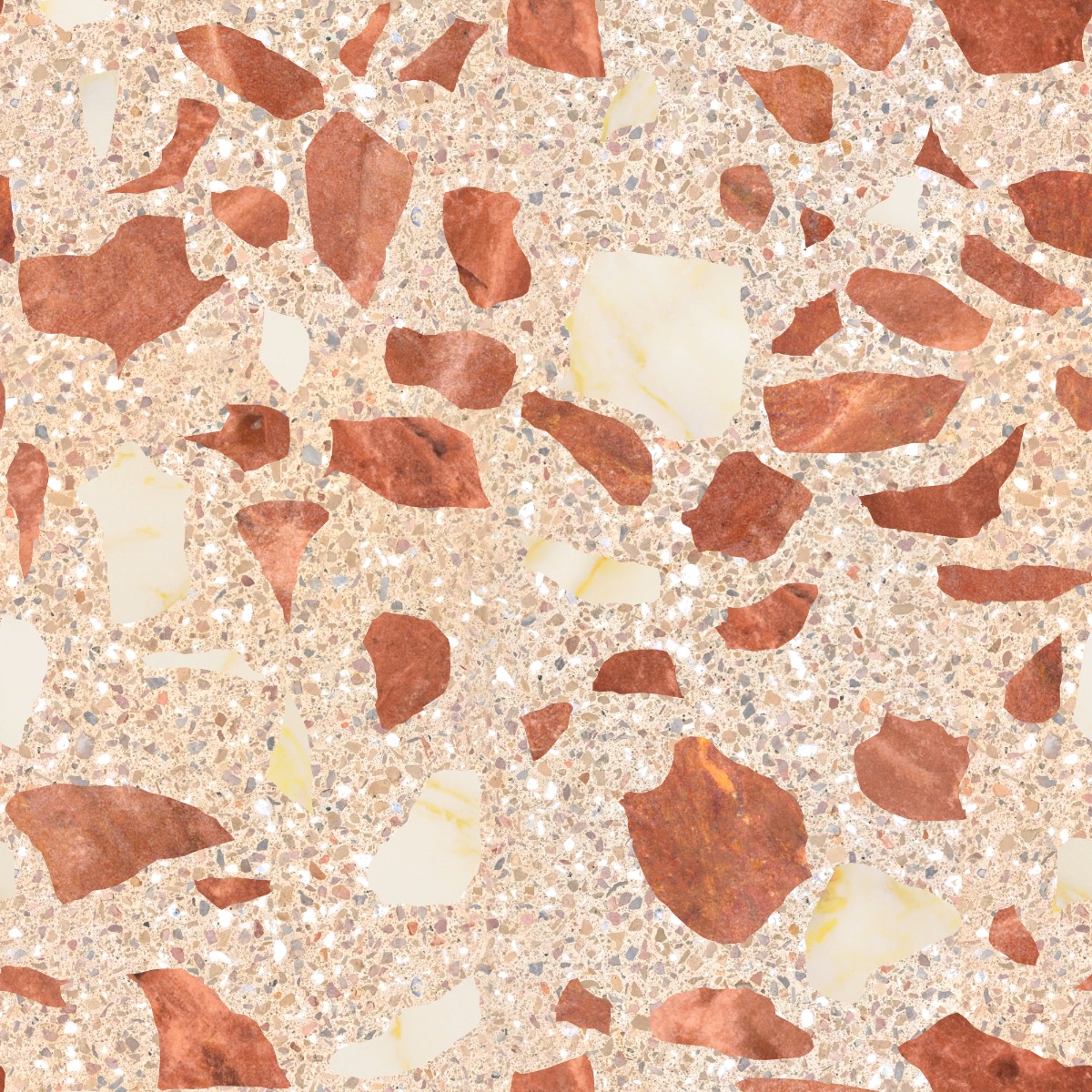 A seamless stone texture with rosso verona marble blocks arranged in a Varied Terrazzo pattern