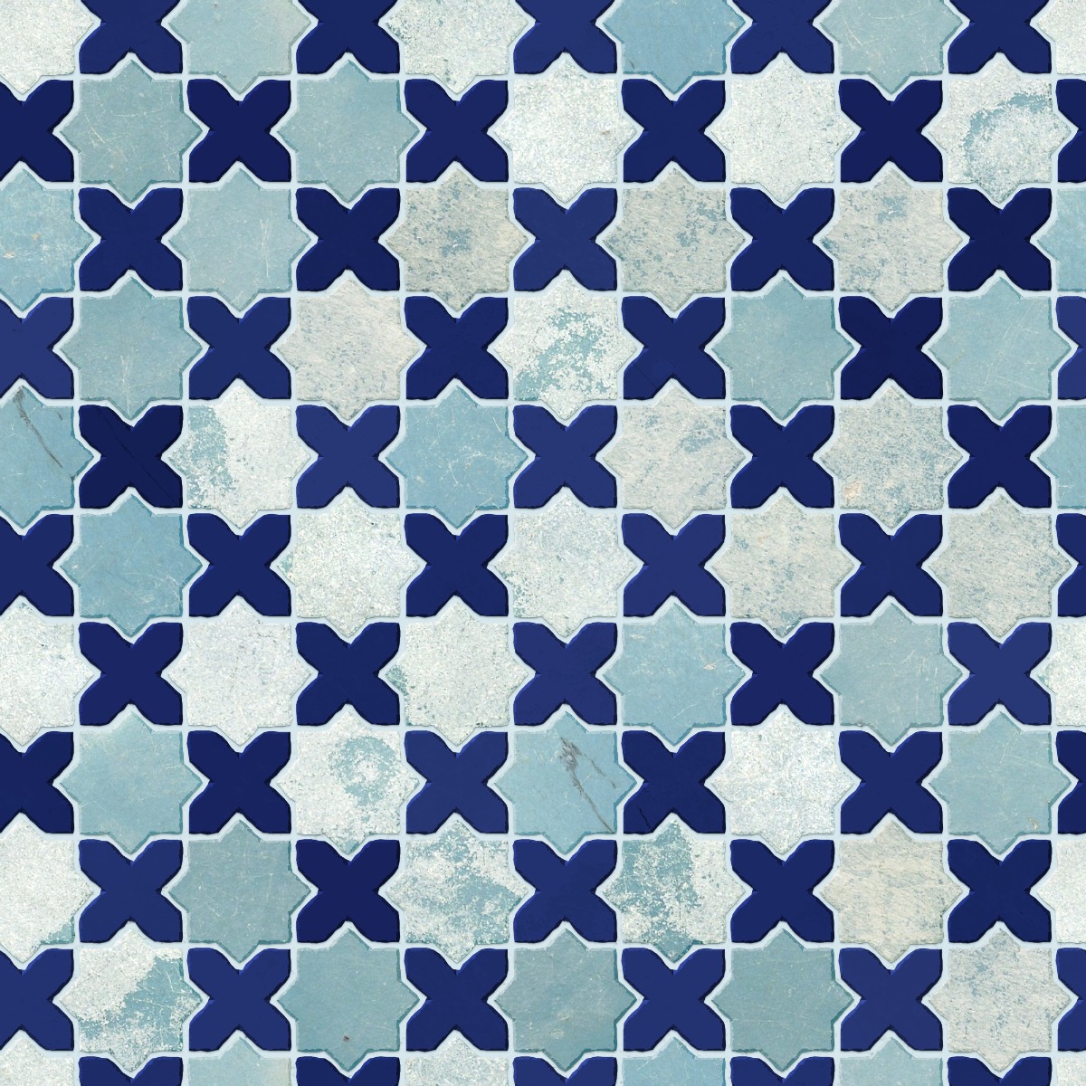 A seamless tile texture with blue tile tiles arranged in a Star and Cross pattern